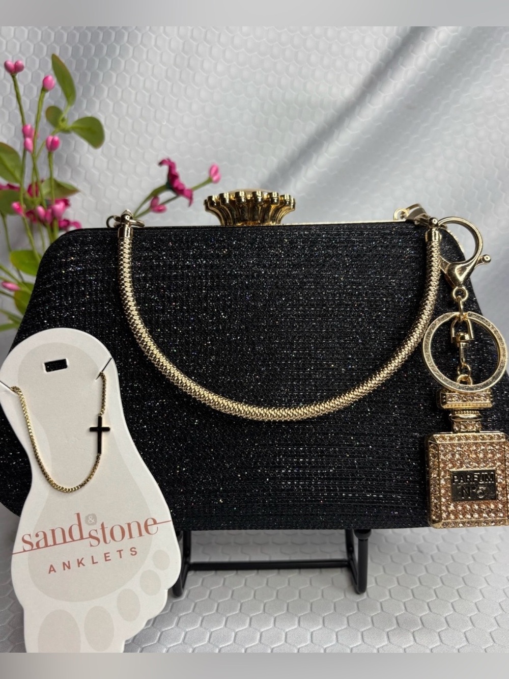 Black Sparkle Evening Clutch with Gold Chain with anklet and bag charm